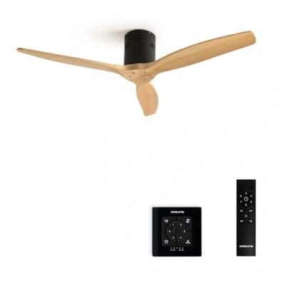 Imagen de CREATE / WINDCALM/Ventilador de techo con mando negro madera natural controlador y mando/Silencioso, función verano invierno, 6 velocidades, temporizador 1 a 4h, 40W, Ø132 cm