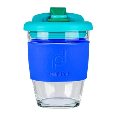 Imagen de Pioneer DrinkPod taza de café reutilizable sin BPA 340 ml 12 oz cristal viaje Océano AZUL