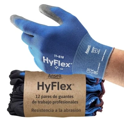Imagen de Ansell HyFlex 11 618 Guantes de Trabajo Extra Finos, Revestimento Poliuretano Antideslizante, Alta Precisión Táctil, Protección Mecánica y Seguridad Industrial, Azul, Talla S (1 Par)