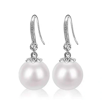 Imagen de YAXUN Pendientes Perla Mujer Plata de Ley 925 con Circonita Cúbica AAAAA Largos Colgantes Redondo 12 mm Bisuteria Joyas Regalos para Mujeres