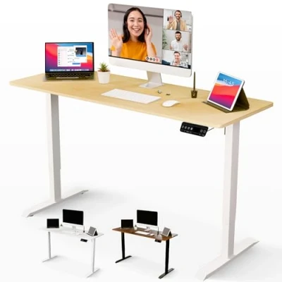 Imagen de JUPPLIES Escritorio Elevable Electrico 160 x 60 cm Mesa Ajustable en Altura con Panel Inteligente de 3 Memorias Standing Desk Oficina Casa Blanco y Madera Clara