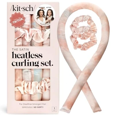 Imagen de Kitsch Juego de rizadores satén sin calor, diadema rizadora calor para cabello corto y largo, durante la noche, rizos