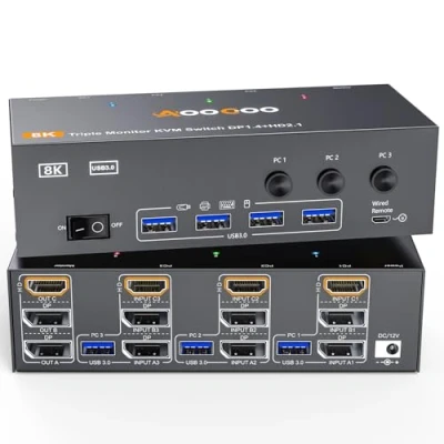 Imagen de Conmutador KVM 3 pantallas ordenadores 4K@144Hz 8K@60Hz, Displayport + HDMI USB3.0 Conmutadores con 4 puertos USB 3.0, mando a distancia por cable, alimentación y cable incluido