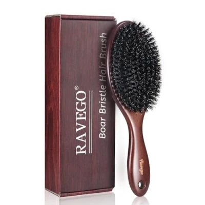 Imagen de RAVEGO Cepillo para el pelo, cerdas de jabalí mujeres, hombres, niños, desenredar y peinar, naturales cabello fino fino, rígidas