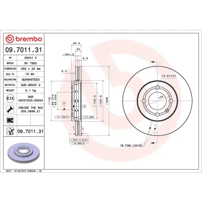 Imagen de BREMBO 09.7011.31 Disco de freno 256 22 4 ventilación interna revestido altamente carbonizado con tornillos VOLKSWAGEN: up! Hatchback