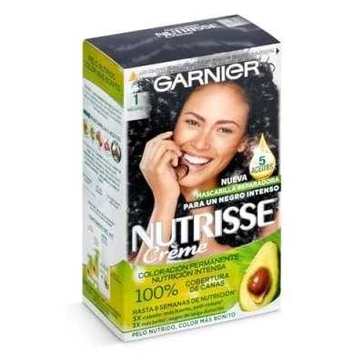 Imagen de Garnier Nutrisse Creme Coloración Nutritiva Permanente, Tinte 100% Cobertura de Canas con Mascarilla 4 Aceites Tono 1 Negro