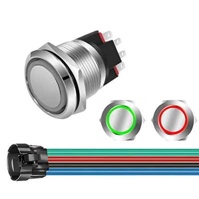 Imagen de GUUZI 12V 24V/10A Pulsador Momentáneo NO/NC Impermeable Luz LED Verde/Roja Iluminada de Arranque metal 22mm con Cable Enchufe