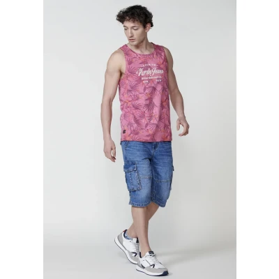 Imagen de Camiseta Sin Mangas de Algodón. Cuello Redondo. Estampado Tropical. Color Granate para Hombre