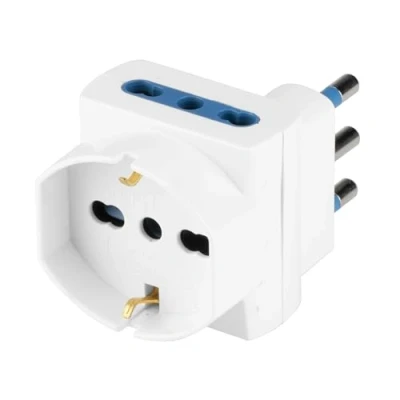 Imagen de POLY POOL PP2368S Adaptador de enchufe triple que ahorra espacio con clavija grande múltiple 2 enchufes italianos 10A/16A + Schuko P30