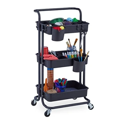 Imagen de Relaxdays Carrito Auxiliar, 3 Niveles, 2 Frenos, Multiusos para Cocina y Oficina, Camarera 86 x 43 42 cm, Metal, Negro, Acero