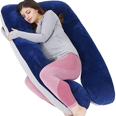 Imagen de AS AWESLING Almohada de Embarazo, Cuerpo Completo en Forma U, Lactancia, Apoyo y Maternidad para Mujeres Embarazadas con Funda Terciopelo extraíble (Jersey Gris Azul)