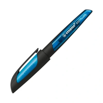 Imagen de STABILO EASYbuddy Pluma estilográfica escolar con plumín para zurdos, color negro y azul cielo, (borrable), incluye cartucho