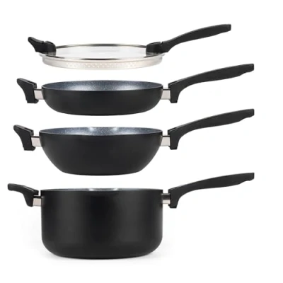 Imagen de Russell Hobbs RH01840 Batería De Cocina Antiadherente apilable 4 Piezas, Apta para inducción, fácil Limpiar, diseño Que Ahorra Espacio, Aluminio, Negro