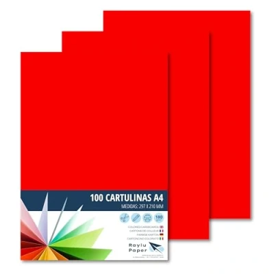 Imagen de Raylu Paper® Cartulinas A4 100 unidades de color rojo tomate, 180gr 210 x 297 mm, Ideal para encuadernación, trabajos oficina, dibujo, manualidades. aptas uso escolar. (Rojo Tomate)