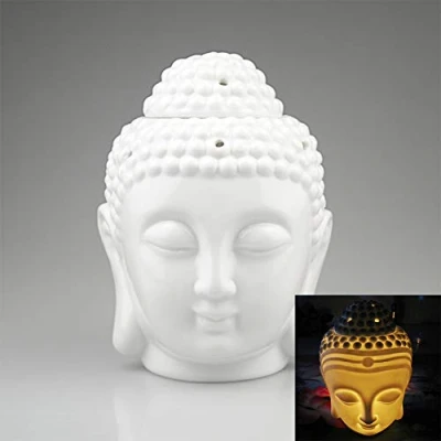 Imagen de EVERGD Estatua de cabeza Buda cerámica hueca para horno aromaterapia, quemador aceite sala yoga o meditación, 14 x 9 cm, color blanco