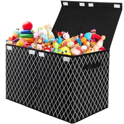Imagen de Cajas de Almacenaje Juguetes con Tapa Caja Almacenamiento para Niños 83L Organizadoras Tela Plegable Asa Ropa Libros Dormitorio (Cuadros Negros)