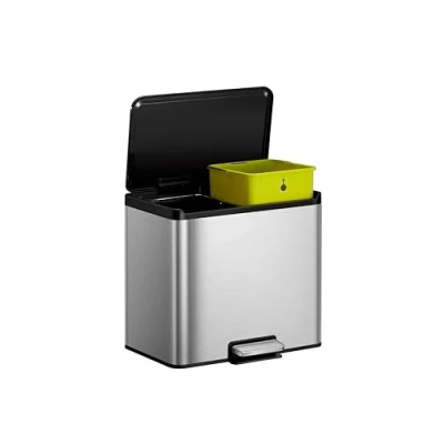 Imagen de EKO Cubo De Basura 15L + Esencial, Reciclaje Acero Inoxidable Doble Compartimento Cocina, Pedal y Cierre Suave Cubos