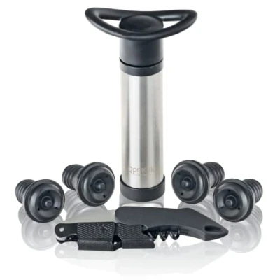 Imagen de Qpractiko Estuche de Regalo Práctico Bomba Vacío y Tapones vino Acero Inoxidable Sacacorchos Dos Tiempos Elegante para Amantes del Vino, tapon vacio, Plata,