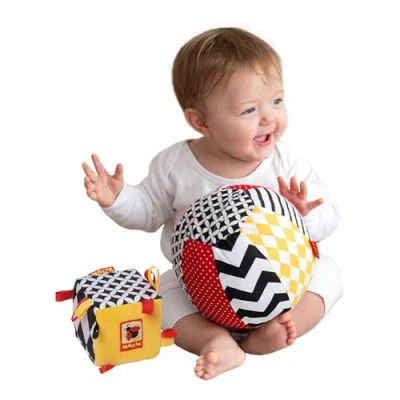 Imagen de MACIK 2 Negro Blanco Set Juguete Bebe Regalos Originales Pelota de Peluche + Cubo Juguetes 6 Meses Actividad Suave recién Nacidos Masticar