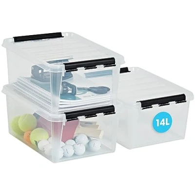 Imagen de SmartStore Caja de almacenamiento con tapa, 14 L, 3 unidades, reforzada, transparente, apta para alimentos, cierre clip, apilable, sin BPA, 40 x 30 18 cm (largo ancho alto)