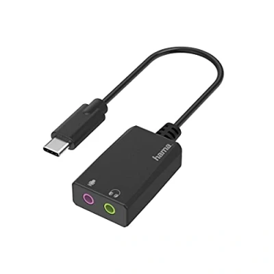 Imagen de Hama Externe Soundkarte, USB C Stecker 2x 3,5 mm Klinke Kupplung (USB Soundkarte f. Windows/Mac, Audio Stereo Adapter Anschluss Kopfhörer, Lautsprecher, Mikrofon, Headset an PC, Laptop, Tablet)