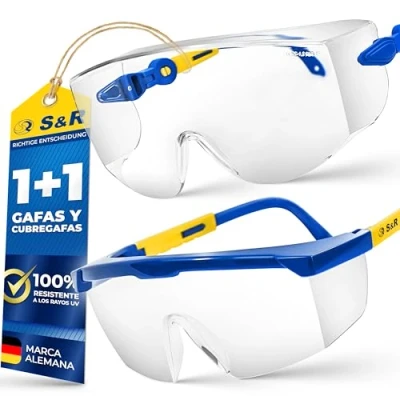 Imagen de S&amp;R Cubregafas Protectoras Gafas de proteccion y Seguridad Trabajo (2 PARES) con lateral. Gafa Anti UV Antirrayas. Patillas Ajustables. Anteojos Laboratrio Oficina
