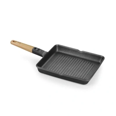 Imagen de BRA Market Grill Rayas 28 cm, Aluminio Fundido, Mango Desmontable Madera Natural, Antiadherente tricapa sin PFOA, Apta para Todo Tipo de cocinas Incluido inducción