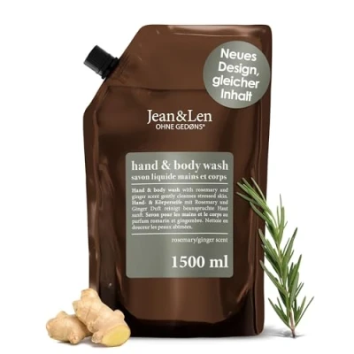 Imagen de Jean &amp; Len jabón de manos romero y jengibre en paquete recarga, limpia cuida la piel, aroma fresco picante, líquido, sin siliconas, parabenos ni microplásticos, 1,5 L