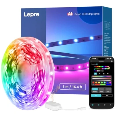 Imagen de Lepro Tira LED 5M AI MagicColor, Inteligente S1, Funciona con Alexa y Google Assistant, Reconocimiento de Imitación AI, Sincronización Músic, Luces para Dormitorio, TV, Fiesta
