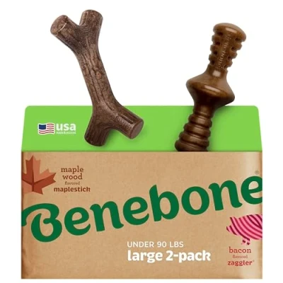 Imagen de Benebone Paquete de 2 moldes indestructibles para masticadores agresivos, rompedor aburrimiento Resistente Larga duración Perros, Sabor a Tocino Real y Madera Arce, Perros Grandes,