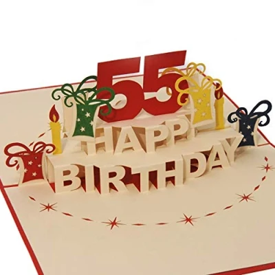 Imagen de Favour Pop Up® Tarjeta de felicitación 3D para 55 cumpleaños redonda. Una obra arte filigrana que se desarrolla como pastel cuando abre