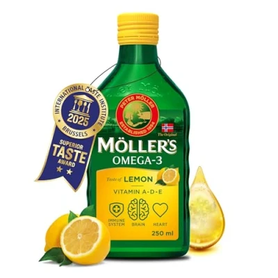 Imagen de Moller’s ® Aceite de hígado bacalao Complemento dietético con omega 3 EPA, DHA y vitaminas A, D E Sabor Limón 250 ml