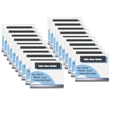 Imagen de TUKA 20x A4 Menu Soporte Doble Cara, Forma de T con Base, Soportes Sobremesa para Carteles, Menús, Promociones, Porta Carteles. Expositor Mesa, Acrílico Transparente, Transversal TKD8204