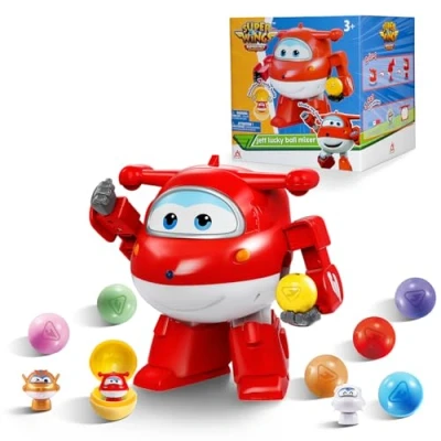 Imagen de Super Wings Lucky Ball Juguete Jett, 20,5 cm, 7 Juguetes transformadores 2 en 1, con 3 Juegos de Pegatinas DIY, Aviones y Robots para niños niñas a Partir años