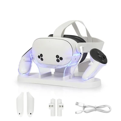 Imagen de Base de Carga para Meta Quest 3S/Quest 3, Soporte Cargador VR Compatible con Quest3S/Quest3 luz LED/RGB, estación Auriculares y Mando 3S/Quest3 (Blanco)