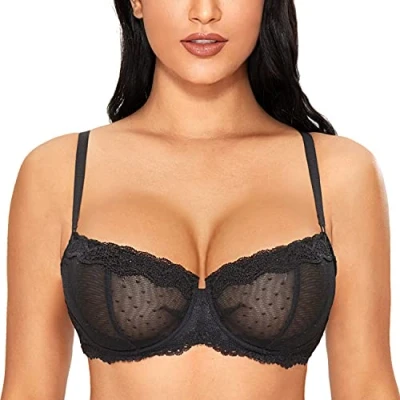 Imagen de DOBREVA Sujetador Balconette Transparente con Aros y Encaje Sexy Sin Forro para Mujer Negro 95B