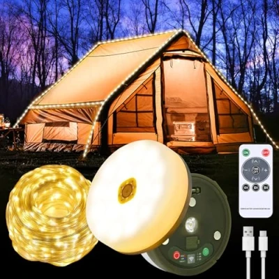 Imagen de Cadena de Luces para Camping, 10M Luz Camping Enrollable con 7 Modos Iluminación, Guirnalda Recargable, Recargable por USB, IP44 Prueba Agua, Exteriores, Jardines (Luz Cálida)