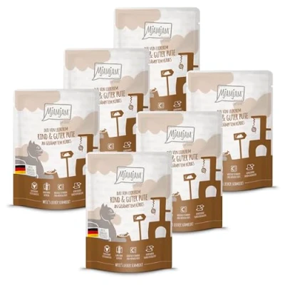Imagen de MjAMjAM Comida húmeda Premium para Gatos Quetschie Duo de Deliciosa Carne Vacuno y Pavo Calidad sobre Calabaza al Vapor, Pack 6 (6 x 300g), sin Cereales con Extra