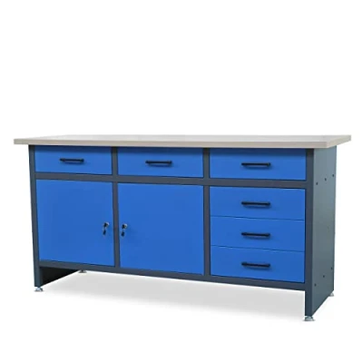 Imagen de Jan Nowak Banco de Trabajo con Encimera Mesa 6 cajones 2 Compartimentos Pies Regulables MDF Capacidad Carga hasta 500 kg Metal 170 cm x 60 85 (Antracita Azul)