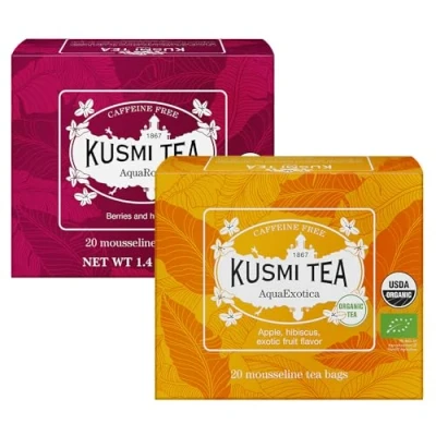 Imagen de Kusmi Tea Juego de 2 Cajas Té AquaExotica + AquaRosa Infusiones Orgánicas Afrutadas y Sabrosas Tisana sin Teína Disfrutar Caliente o con Hielo 2x20 Bolsas