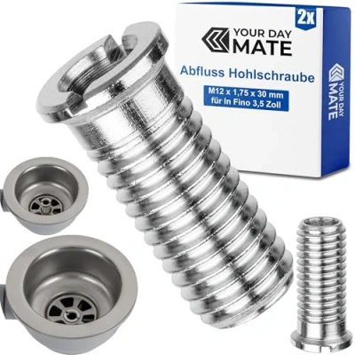 Imagen de tornillo hueco para válvula de cesta colador, M12 x 1,5 30 mm, 2 unidades, compatible con Blanco InFino 3,5 pulgadas, rosca regulación, desagüe en Fino, repuesto