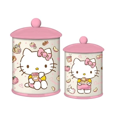 Imagen de Sanrio Hello Kitty Tarro de cerámica para aperitivos con tapa, diseño manzanas y canela Almacenamiento alimentos cocina galletas, caramelos 8 pulgadas alto