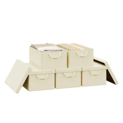 Imagen de WOLTU Cajas de Almacenaje con Tapa, Juego 5 Plegables, Organizadoras Asas, Tela, Cestas Resistentes para Ropa y Juguetes, Crema, 48x20x29 cm