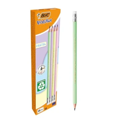 Imagen de BIC Evolution Pastel Lápices de Grafito con Goma y Mina HB Resistente a los Impactos 4 Colores Cuerpo Diferentes, Pack 12