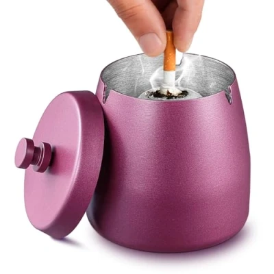 Imagen de Tatxmalv Moderno Exteriores Cenicero, Cenicero de CeráMica Negro etc, Retro con Tapa para DecoracióN Del Hogar y La Oficina, Viento Uso al Aire Libre (Rosado)