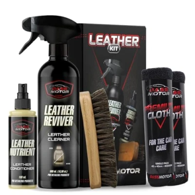 Imagen de Bass Motor Limpiador Cuero y Piel Coche, Limpia Asientos Tapicerias de Kit Leather Reviver (500ml) + Nutrient (120 ml) Cepillo Doble 2 Bayetas