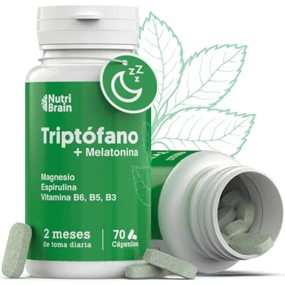 Imagen de Triptófano Complex con Melatonina y Espirulina + Magnesio Vitaminas B6 B5 B3 Fórmula Sinérgica para Sueño, la Tranquilidad Aumentar Energía, el Bienestar Concentración