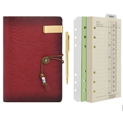 Imagen de Wonderpool Carpeta de anillas cuero para diario, cuaderno papel recargable con forro escritura, 6 anillos blocs notas viajes oficina y agenda (a Vino rojo, A6)