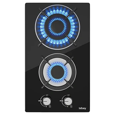 Imagen de IsEasy Placa de gas con 2 quemadores, autosuficiente Cocina empotrable natural/propano (cristal)