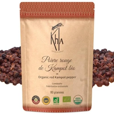 Imagen de Khla Pimienta Roja de Kampot 80g en Grano Orgánica Suave y Afrutada Para Recargar Molinillo Directo del Productor Producción Limitada Origen Camboya